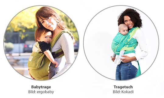 Unterschied Tragetuch Babytrage: Zwei Frauen mit den beiden Tragehilfen.
