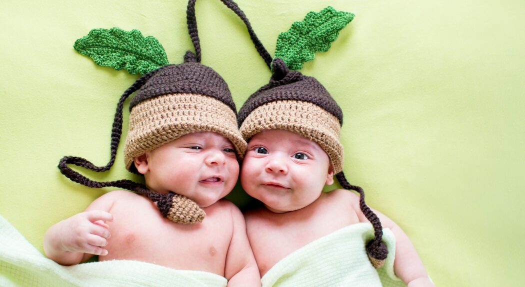 gratulation zur geburt zwillinge im strick eichel kostüm auf decke grün